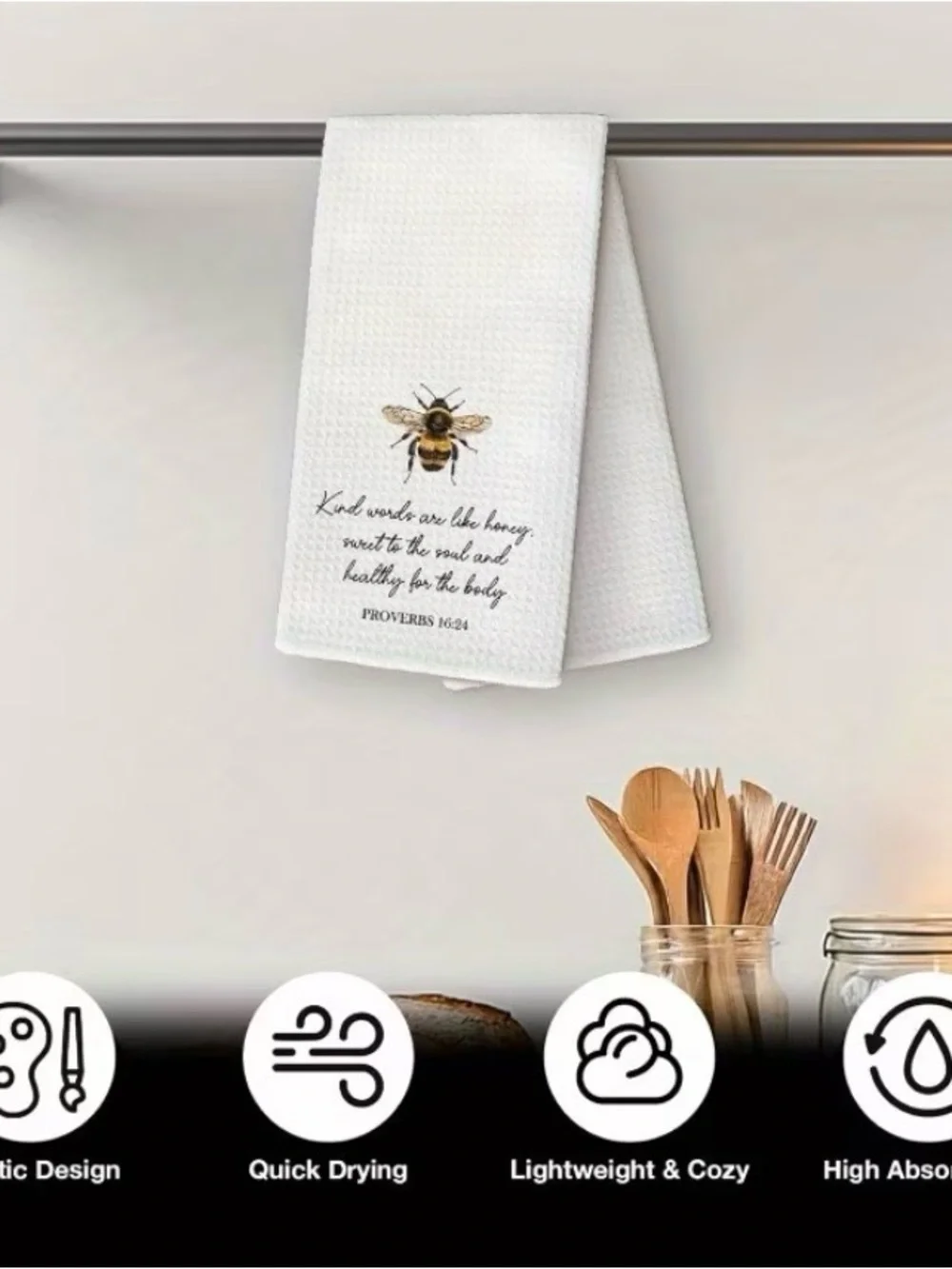 Bee Print Kitchen Towel - White with Yellow Bee & Proverbs Quote